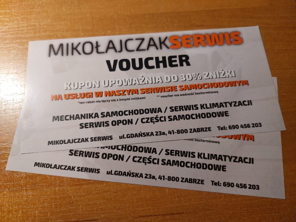 Przykładowy voucher zniżkowy na usługi warsztatu samochodowego